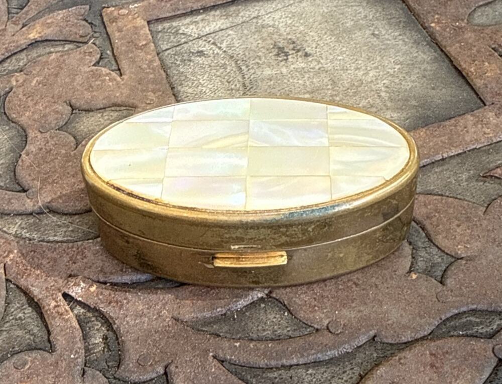 Vintage 1950s Max Factor Mother of Pearl Compact Brass Lipstick Mirror Case MOP
